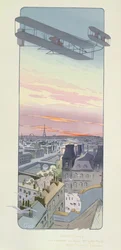 Graaf Charles de Lambert vliegt met een Wright-Ariel tweedekker, Juvisy, Parijs, uitgegeven door Mabileau, Parijs, 1914 (pochoir afdruk)